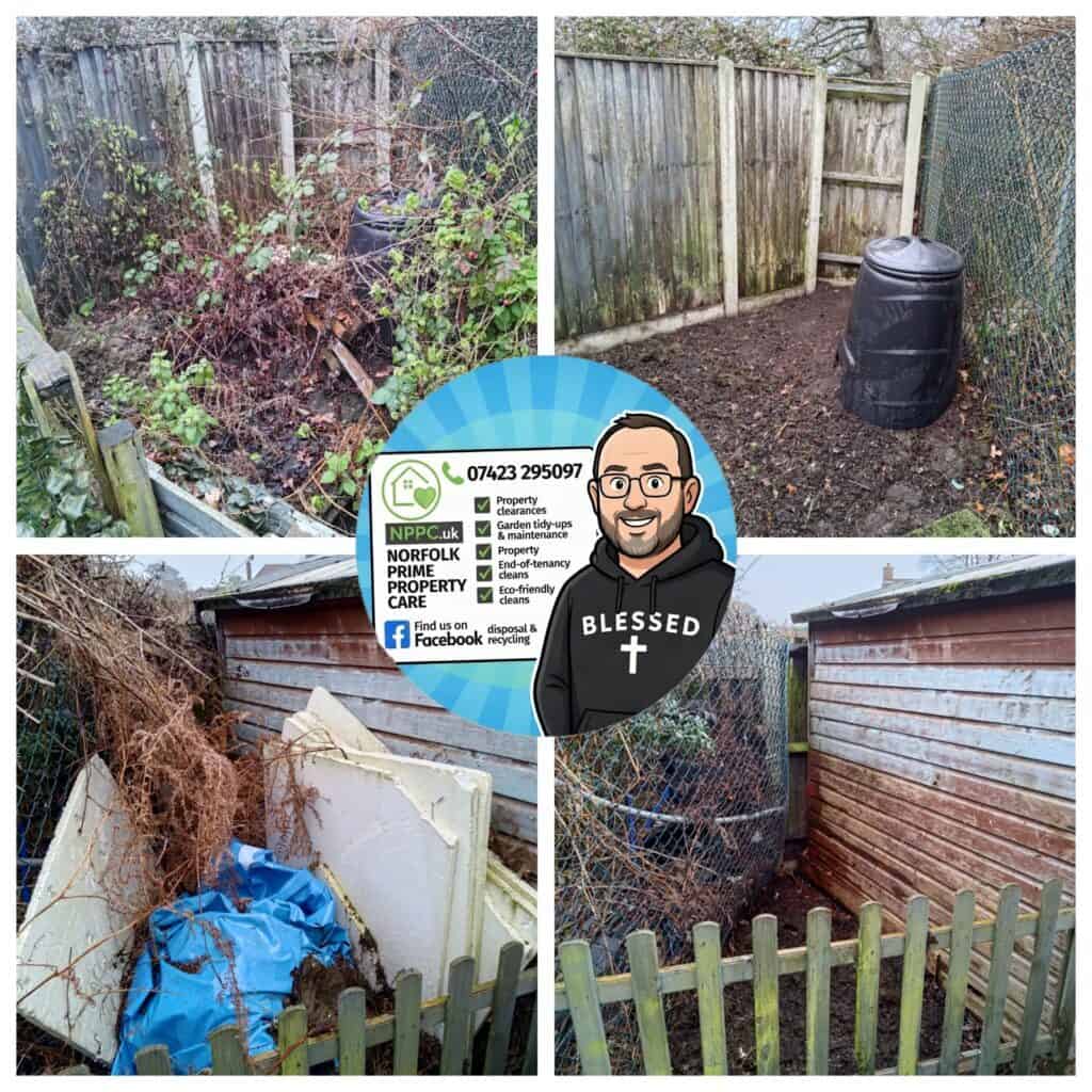 Overgrown garden corner in Norwich with dense vegetation and debris before NPPC tidy‑up.